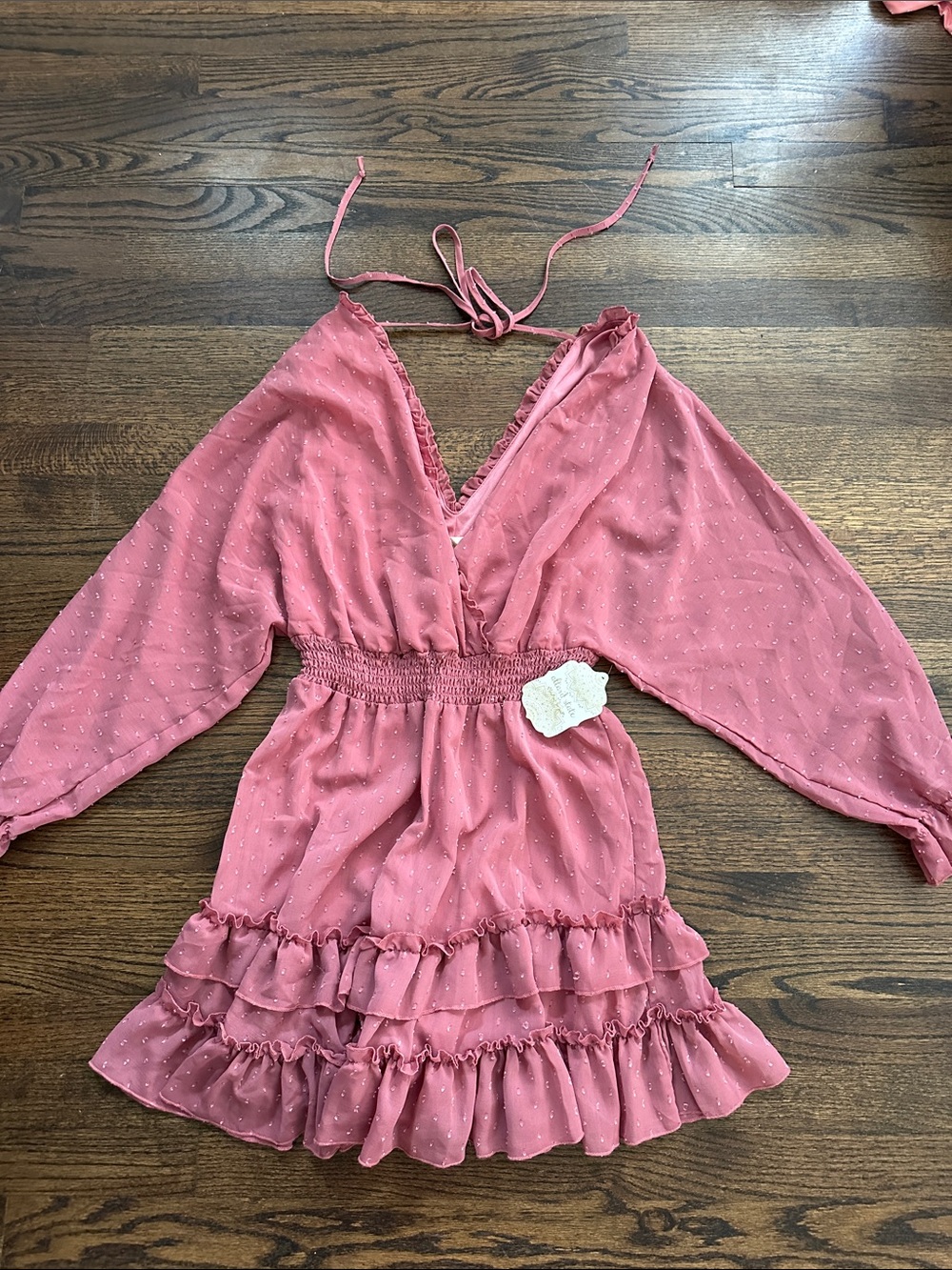 Free People Dusty Rose Pink Long Sleeve Ruffle Mini Dress